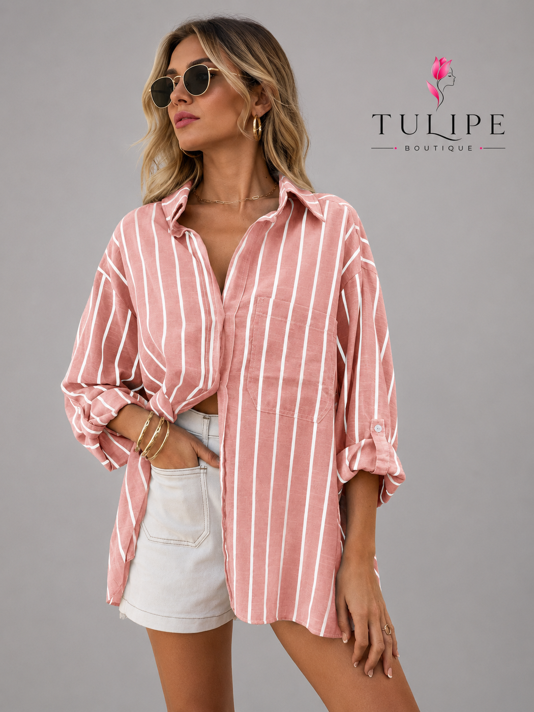 Women's Oversized Striped Roll-Up Sleeve Shirt