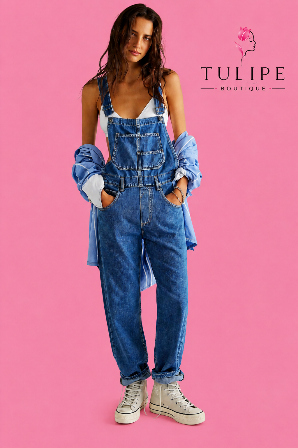 Casual washed loose-fit denim overalls