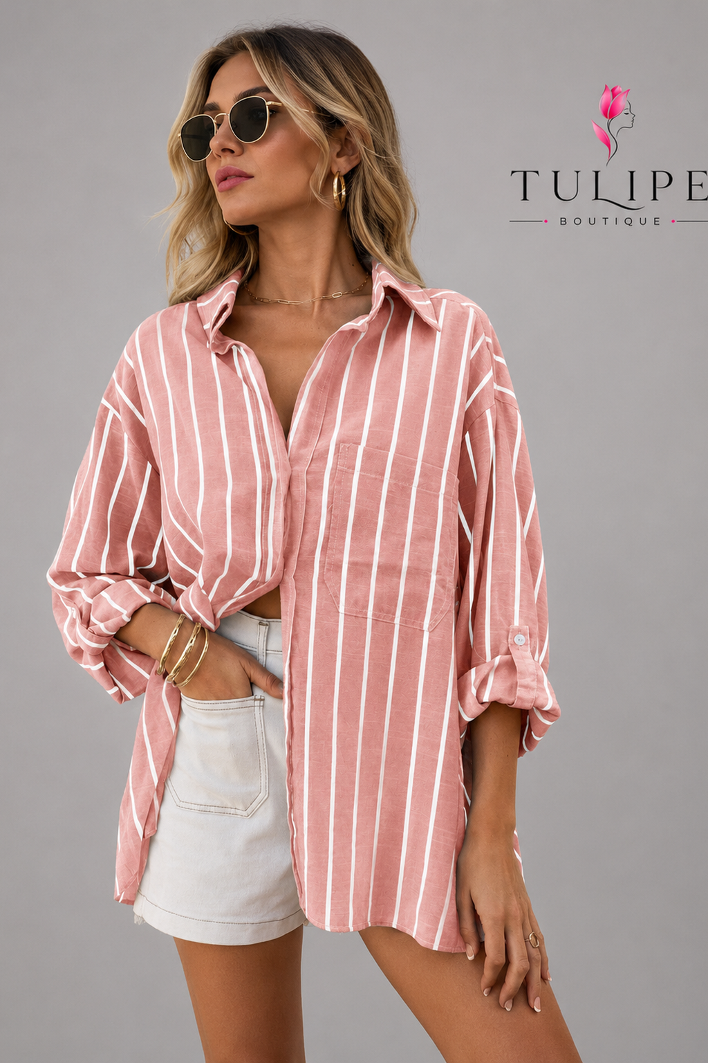 Women's Oversized Striped Roll-Up Sleeve Shirt